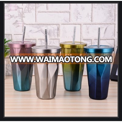 The hot selling gradient mug diamond shape belt straw stainless steel customized thermos tumbler double coffee tumble water